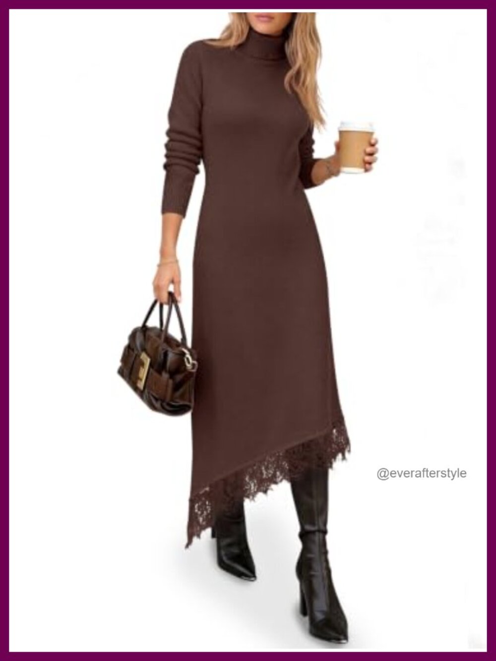 Women's Turtleneck Sweater Dress Lace Patchwork Knit Midi Fitted